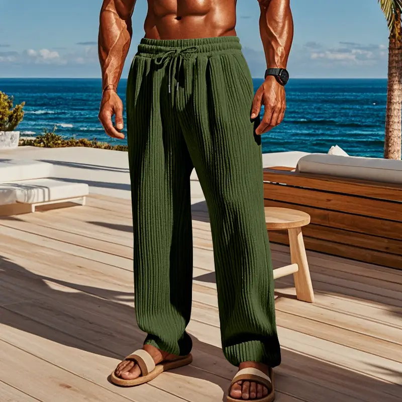 Men Striped Ribbed Pants Grey Wide Leg Casual - Image 3
