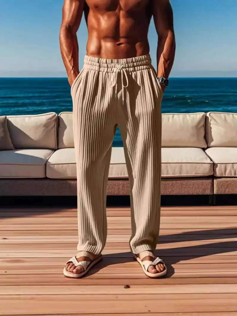 Men Striped Ribbed Pants Grey Wide Leg Casual - Image 4