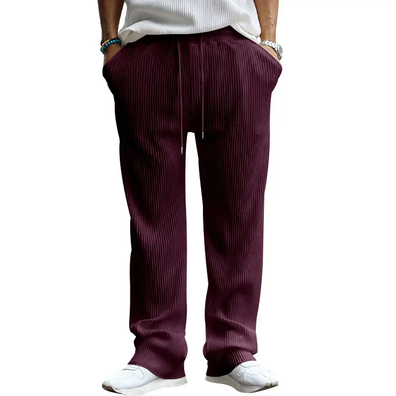 Men Striped Ribbed Pants Grey Wide Leg Casual - Image 7