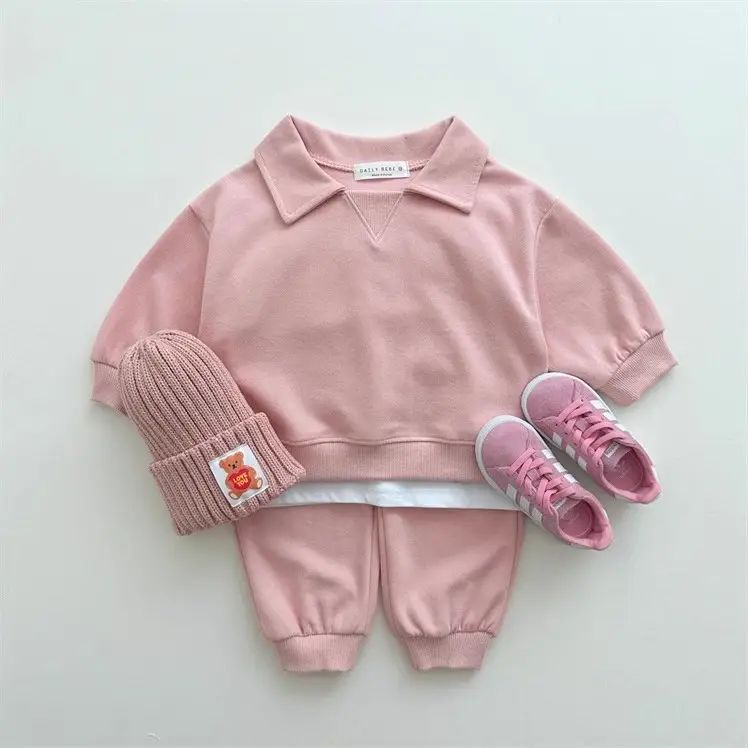 Ins Korean Style Boys and Girls Baby Cotton Macaron Sweat Pants suit Two-Piece Set for Spring and Autumn