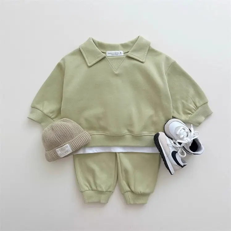 Ins Korean Style Boys and Girls Baby Cotton Macaron Sweat Pants suit Two-Piece Set for Spring and Autumn