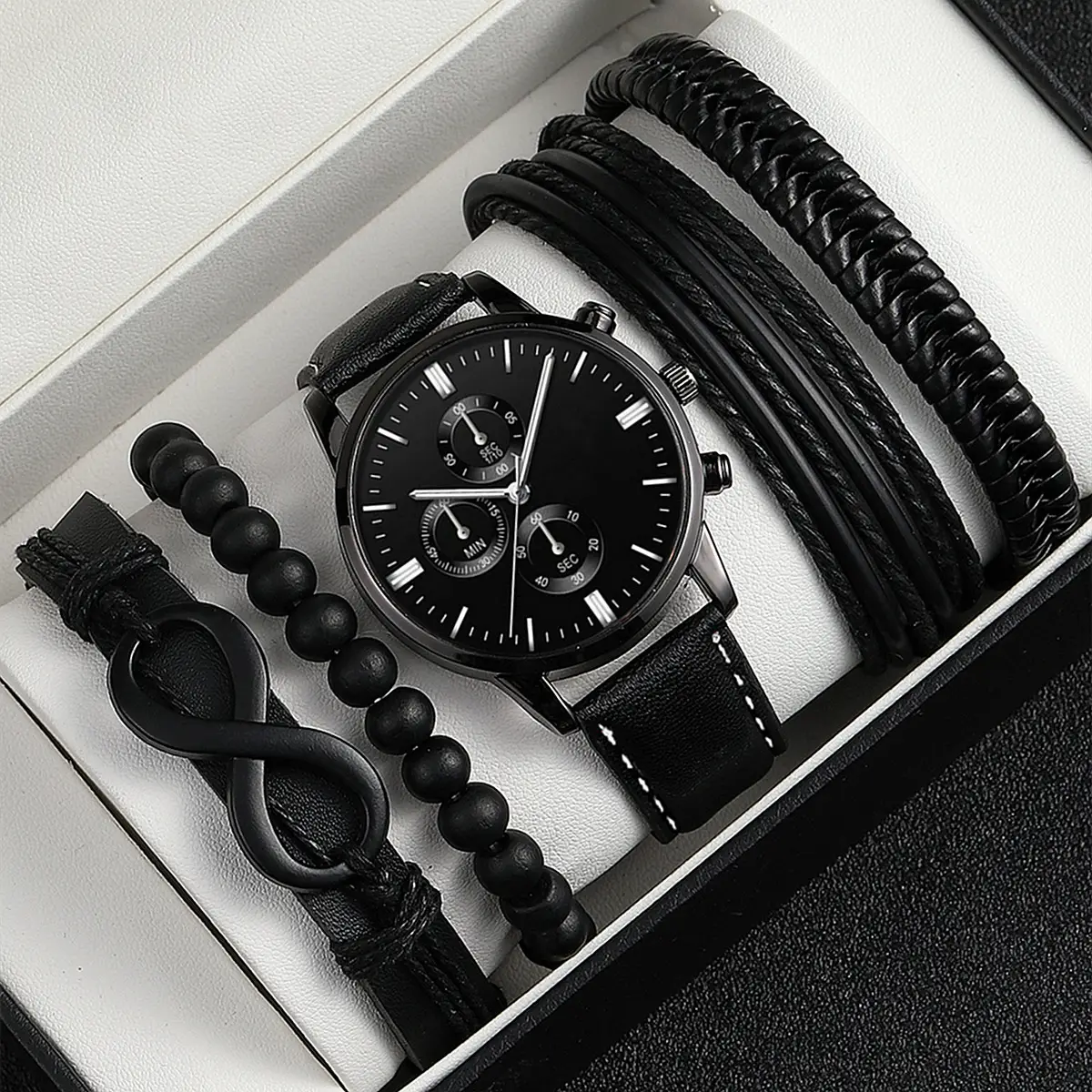 Men's Black Crossbody Watch with Bracelet Set