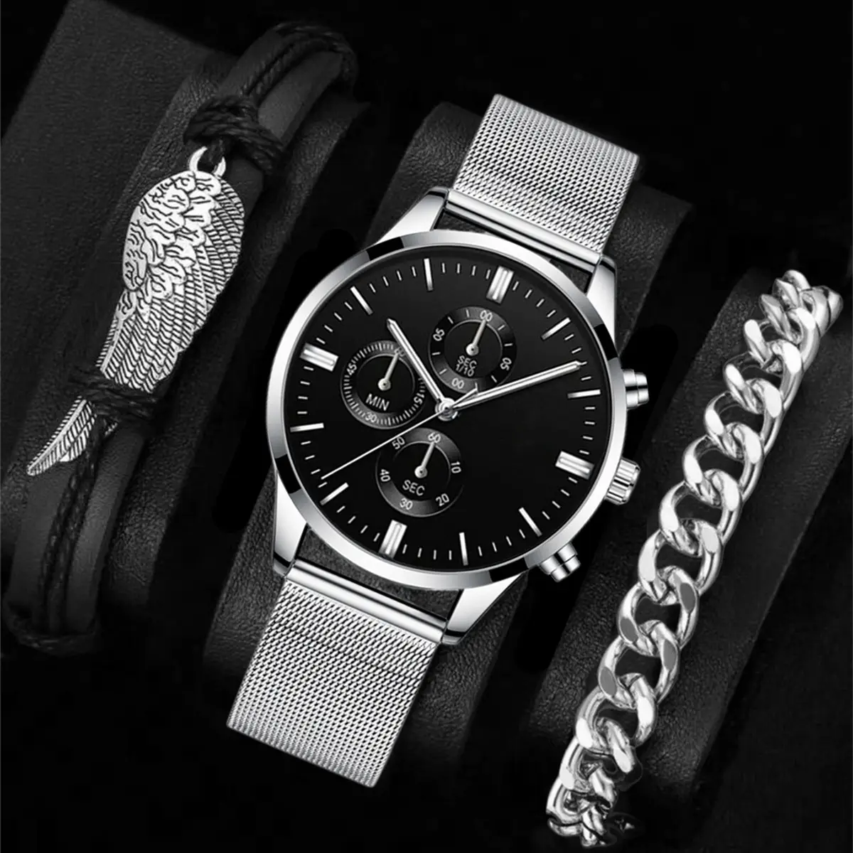 Men's Black Crossbody Watch with Bracelet Set - Image 4