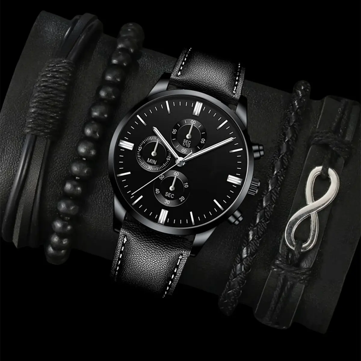 Men's Black Crossbody Watch with Bracelet Set - Image 9