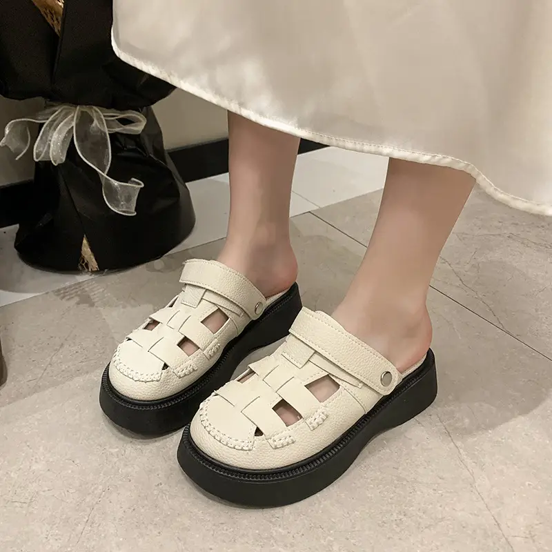 Thick-Soled Two-Wear Cut Out Baotou Sandals for Women 2023 Summer New Style Hole Pig Cage Forest Style Roman Half Slippers for Outer Wear - Image 4