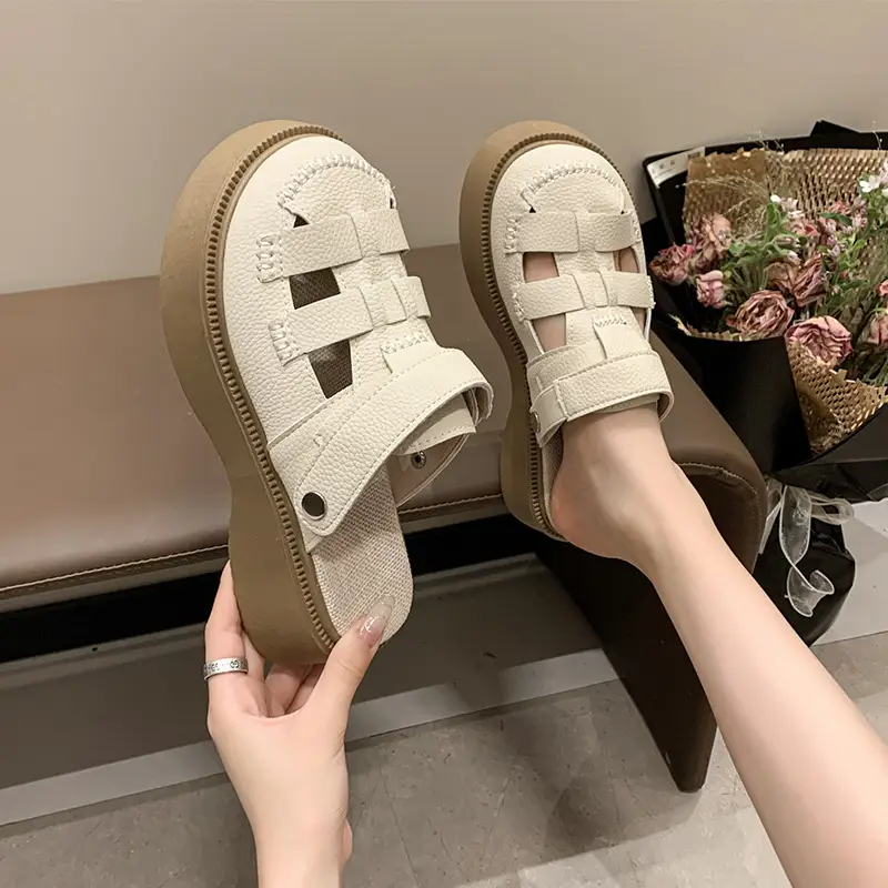 Thick-Soled Two-Wear Cut Out Baotou Sandals for Women 2023 Summer New Style Hole Pig Cage Forest Style Roman Half Slippers for Outer Wear - Image 5