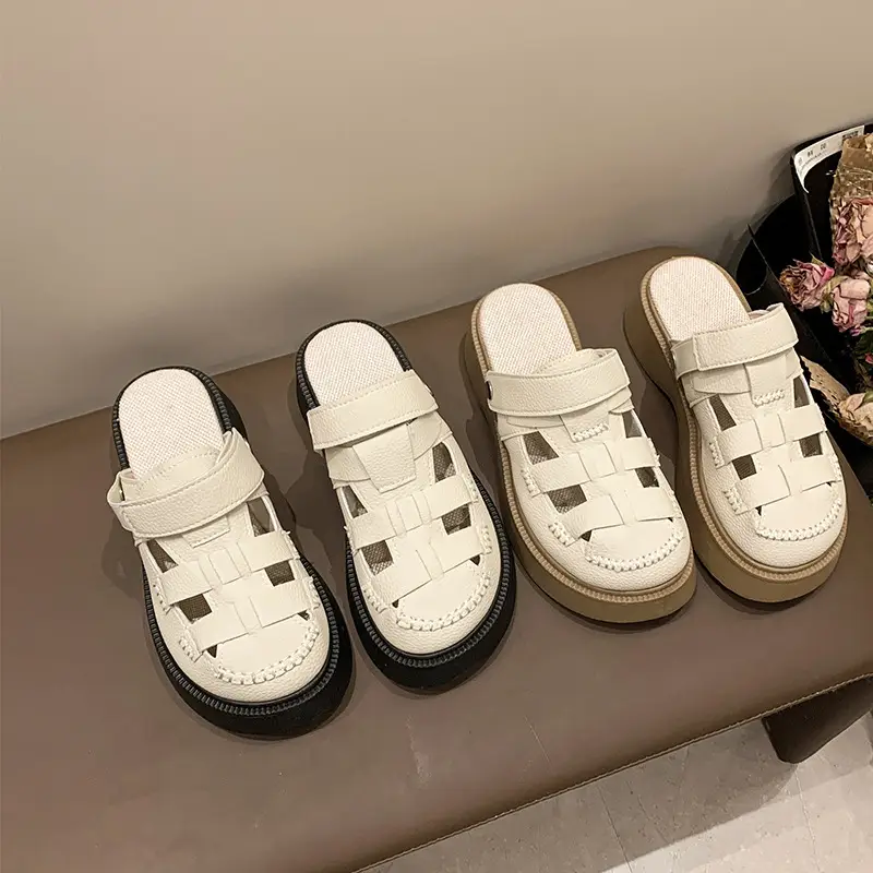 Thick-Soled Two-Wear Cut Out Baotou Sandals for Women 2023 Summer New Style Hole Pig Cage Forest Style Roman Half Slippers for Outer Wear — feature 1