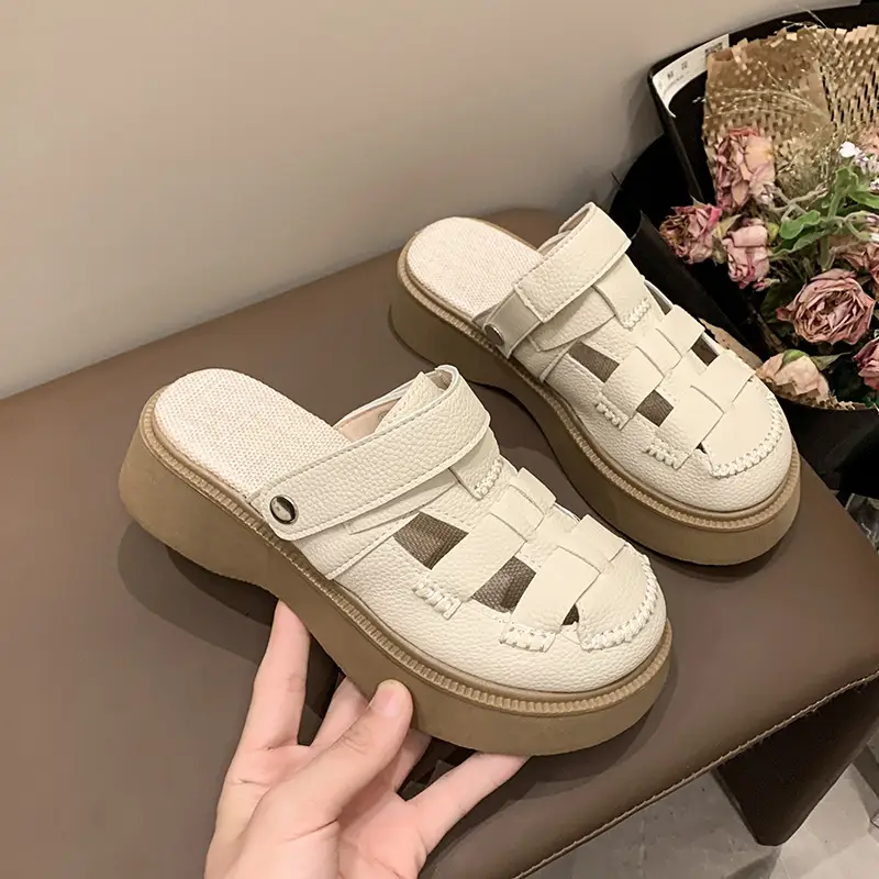 Thick-Soled Two-Wear Cut Out Baotou Sandals for Women 2023 Summer New Style Hole Pig Cage Forest Style Roman Half Slippers for Outer Wear — feature 2