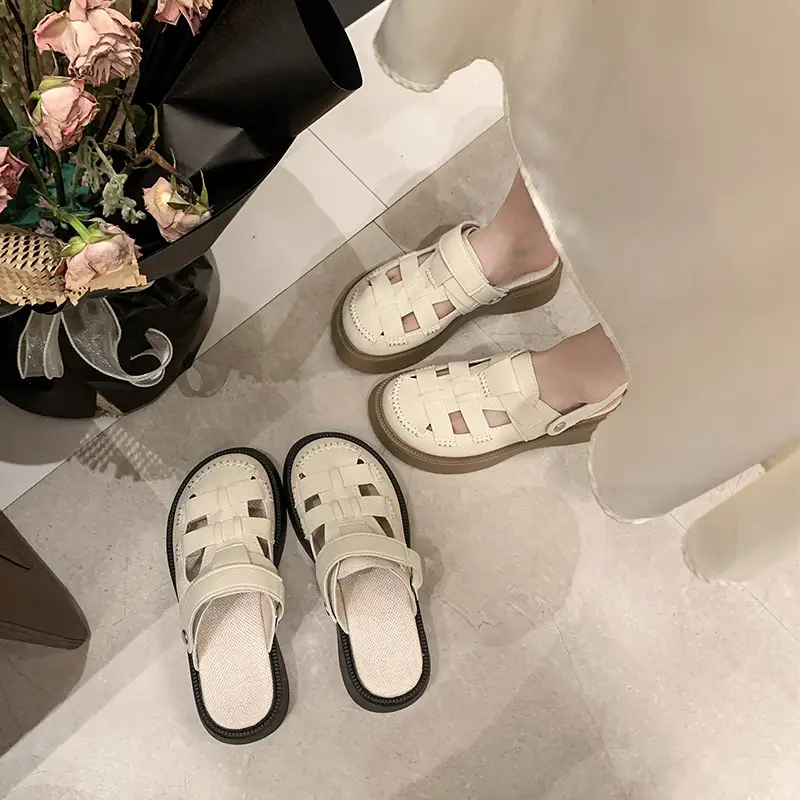 Thick-Soled Two-Wear Cut Out Baotou Sandals for Women 2023 Summer New Style Hole Pig Cage Forest Style Roman Half Slippers for Outer Wear — feature 5