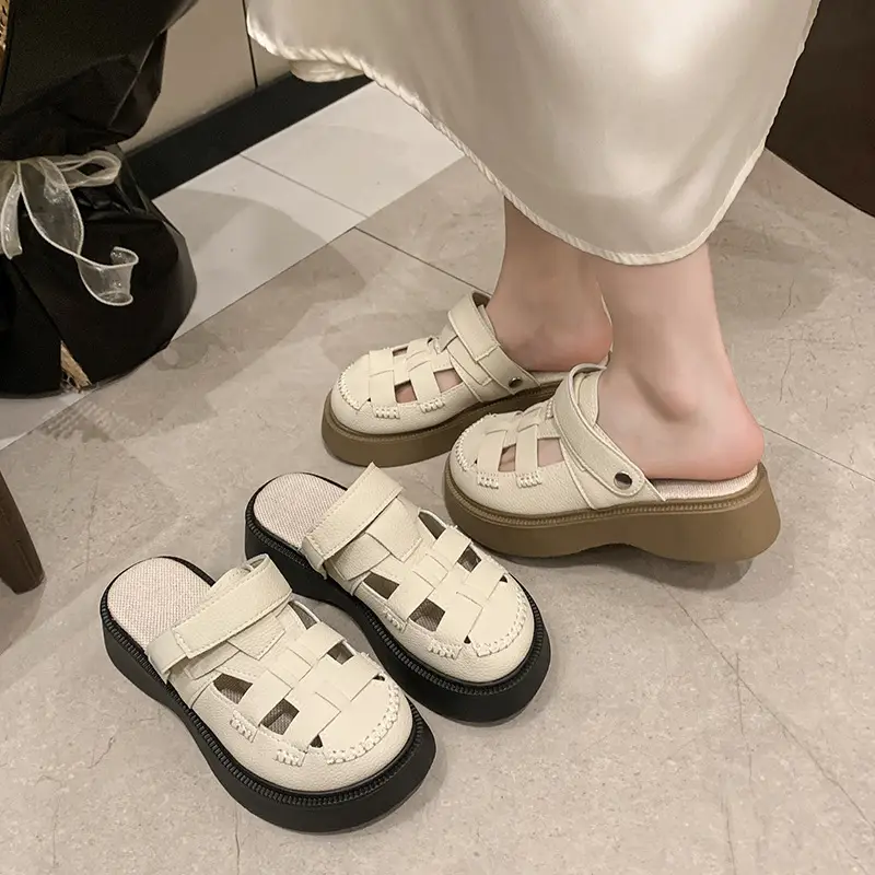 Thick-Soled Two-Wear Cut Out Baotou Sandals for Women 2023 Summer New Style Hole Pig Cage Forest Style Roman Half Slippers for Outer Wear — feature 6