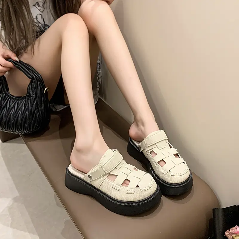 Thick-Soled Two-Wear Cut Out Baotou Sandals for Women 2023 Summer New Style Hole Pig Cage Forest Style Roman Half Slippers for Outer Wear — feature 8
