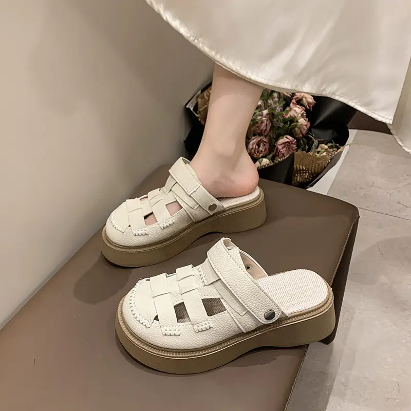 Thick-Soled Two-Wear Cut Out Baotou Sandals for Women 2023 Summer New Style Hole Pig Cage Forest Style Roman Half Slippers for Outer Wear - Image 2