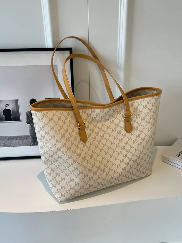 Women Retro Print Large Tote Bag with Yellow Handles - Image 5