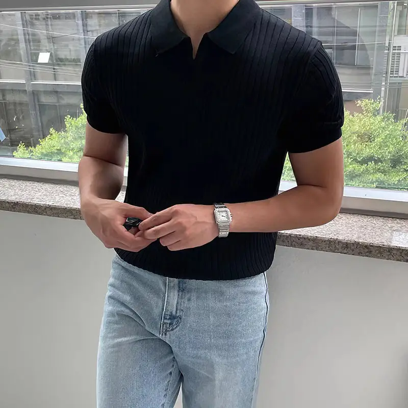 Men's Black Slim Fit Polo Shirt with Light Blue Jeans - Image 3
