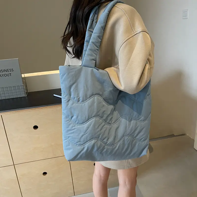 Light Blue Embroidered Padded Shoulder Bag for Women - Image 8