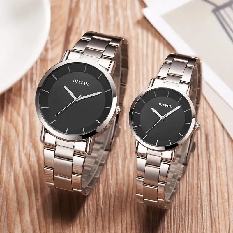 Couple Watch Set Black Leather Dial Men Women
