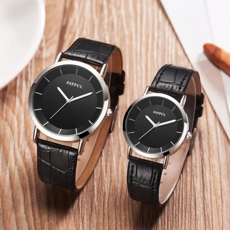 Couple Watch Set Black Leather Dial Men Women