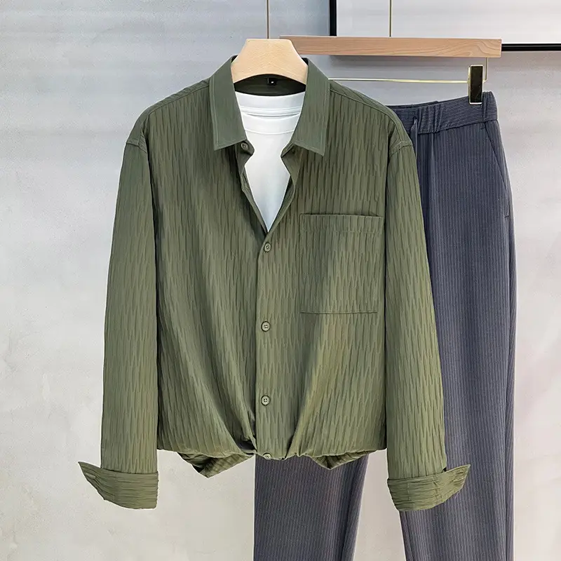 Men's Black Striped Long Sleeve Shirt with Pants Set — feature 3