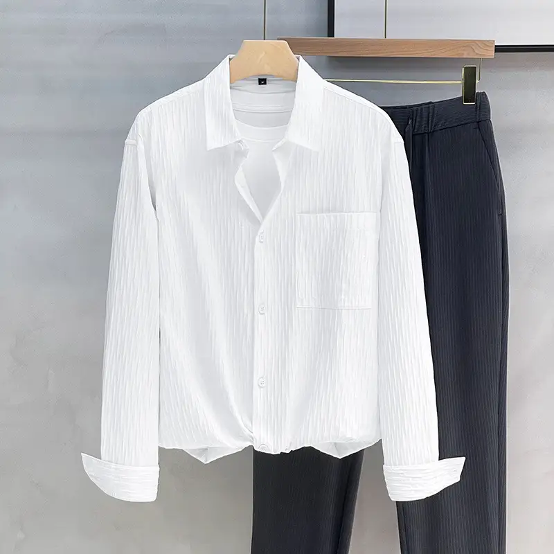 Men's Black Striped Long Sleeve Shirt with Pants Set — feature 4