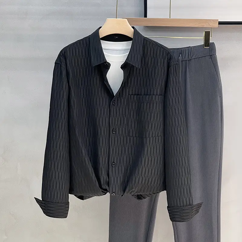 Men's Black Striped Long Sleeve Shirt with Pants Set — feature 5