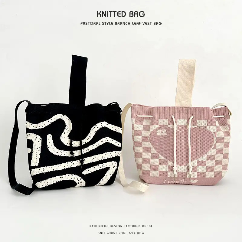 Knitted Drawstring Bucket Bag for Girls