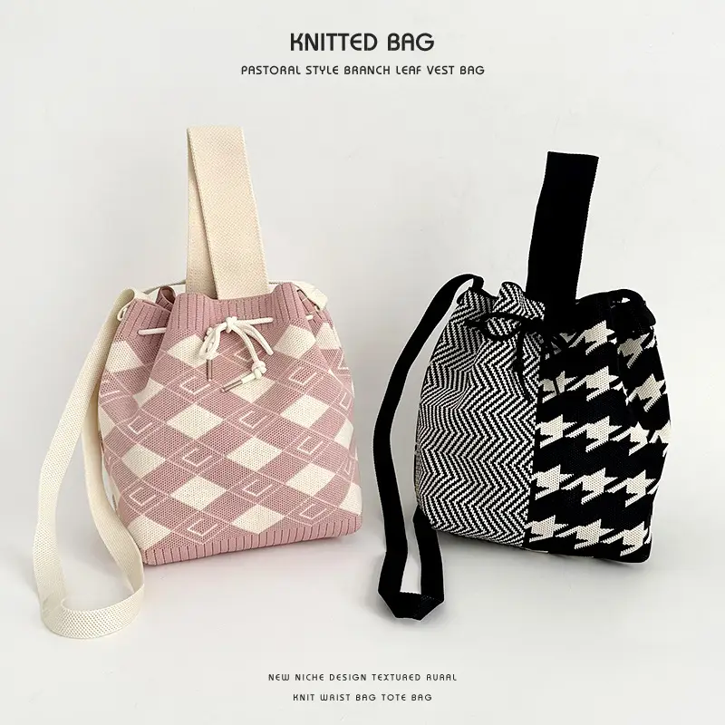 Knitted Drawstring Bucket Bag for Girls
