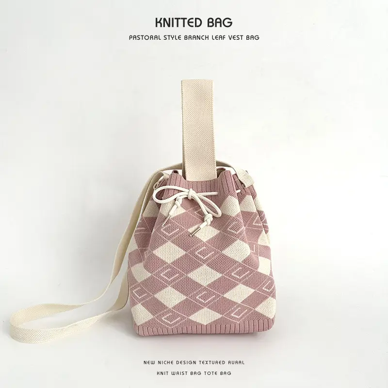 Knitted Drawstring Bucket Bag for Girls