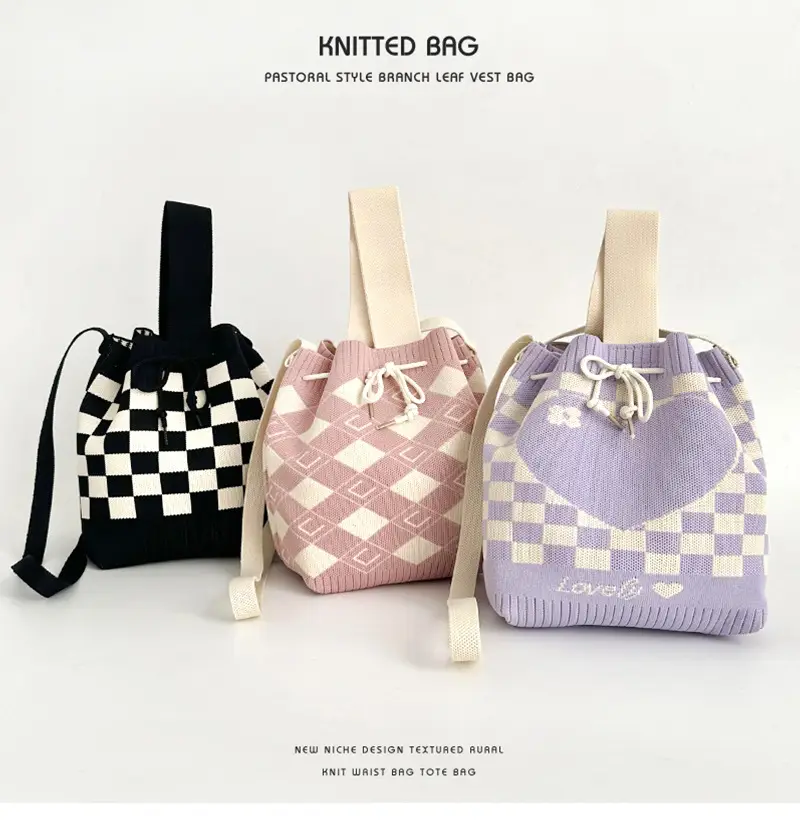 Knitted Drawstring Bucket Bag for Girls — feature 1