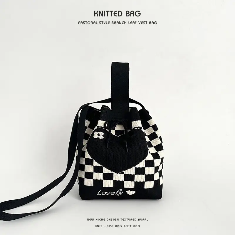 Knitted Drawstring Bucket Bag for Girls