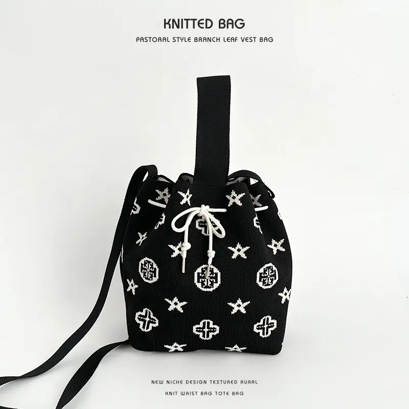 Knitted Drawstring Bucket Bag for Girls
