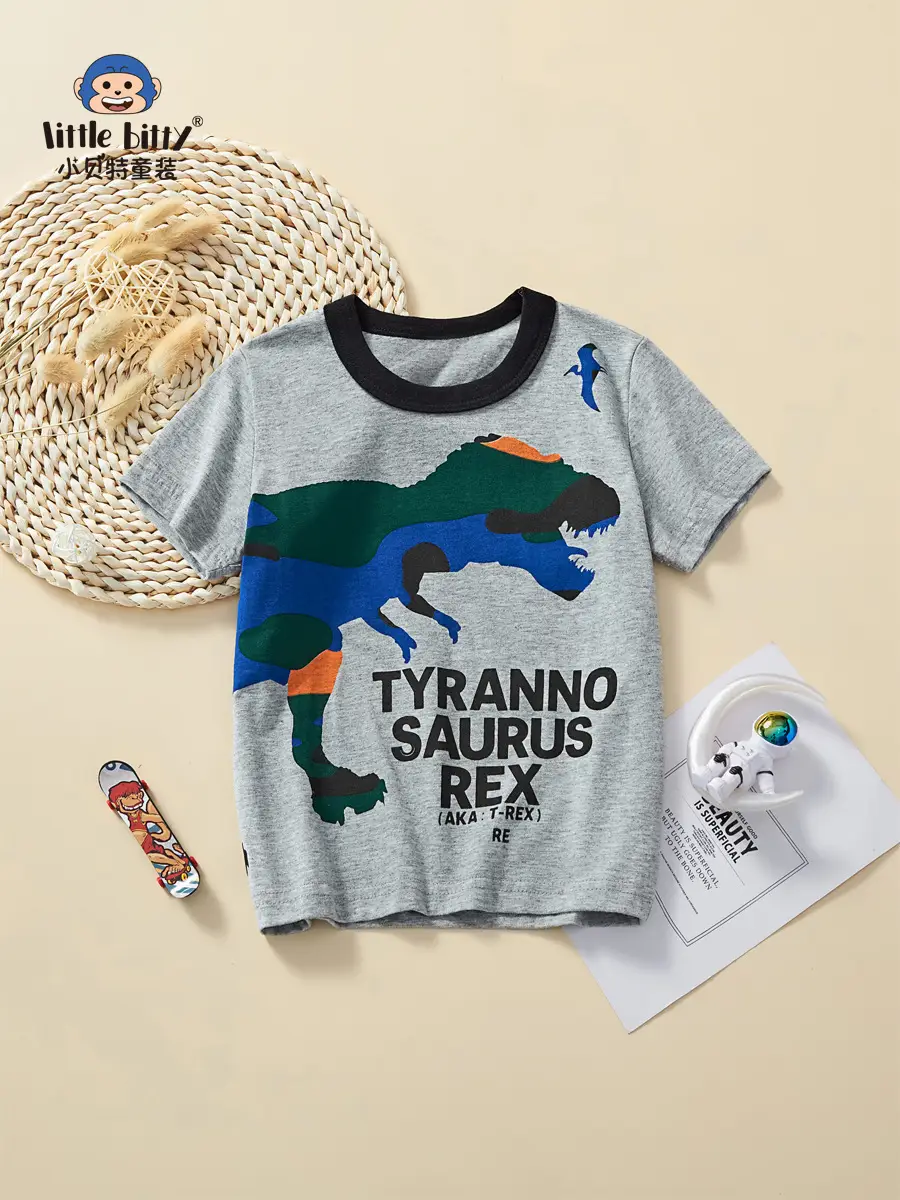 2025 Kids Cartoon Dinosaur T-Shirt Boys Grey - Image 2