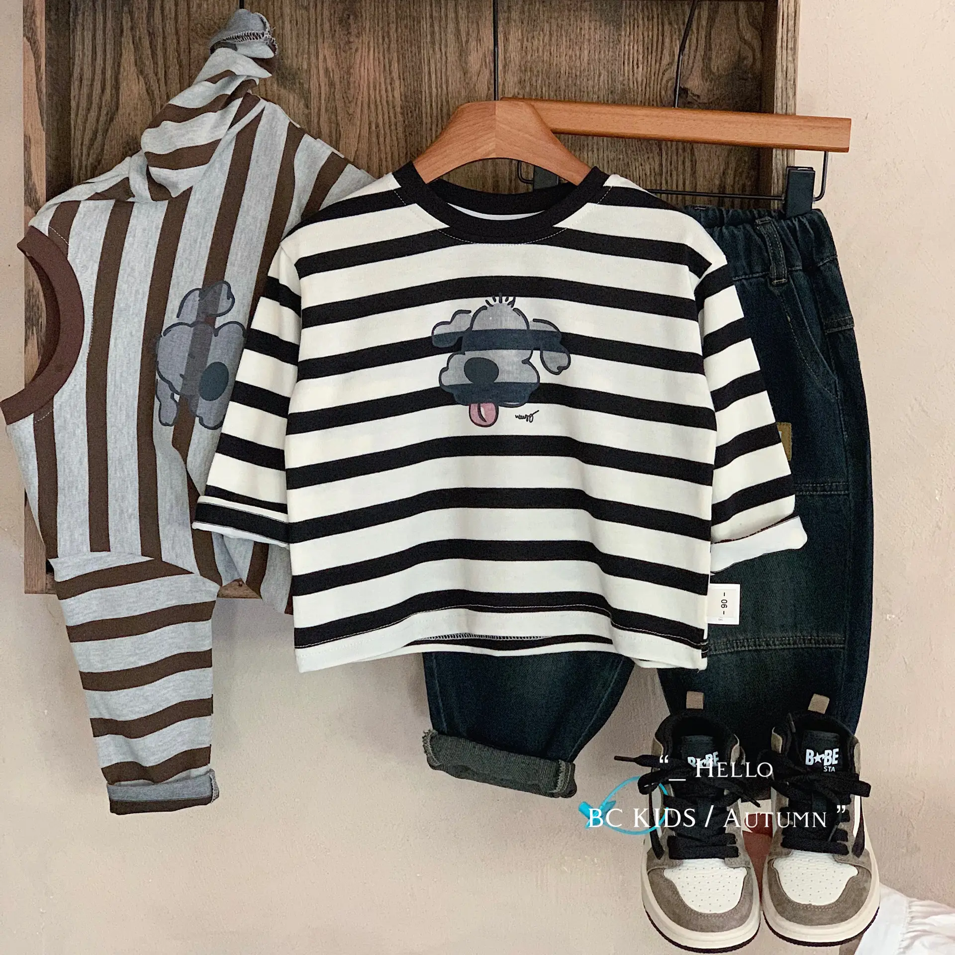 Children Striped T-Shirt with Puppy Print Long Sleeve