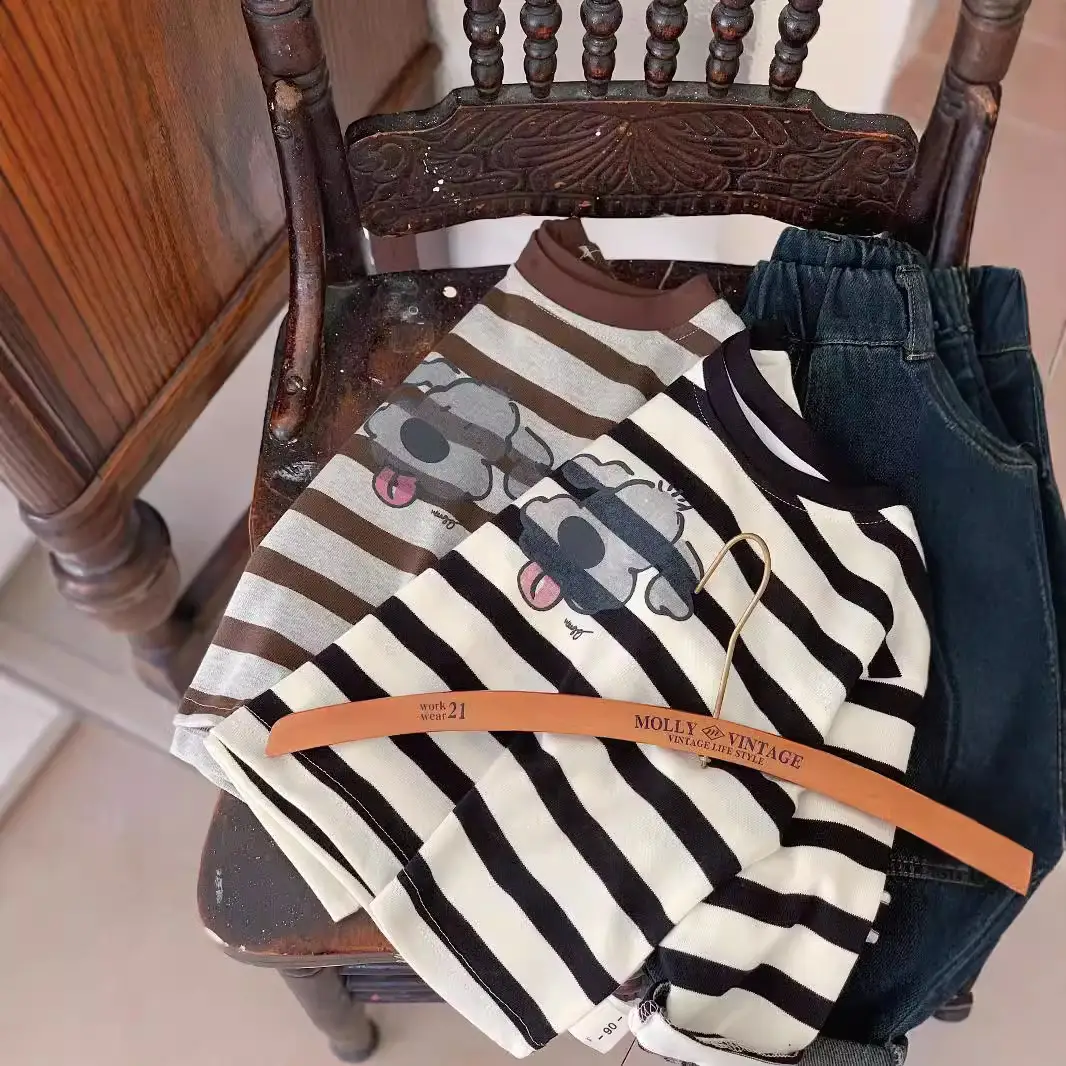 Children Striped T-Shirt with Puppy Print Long Sleeve