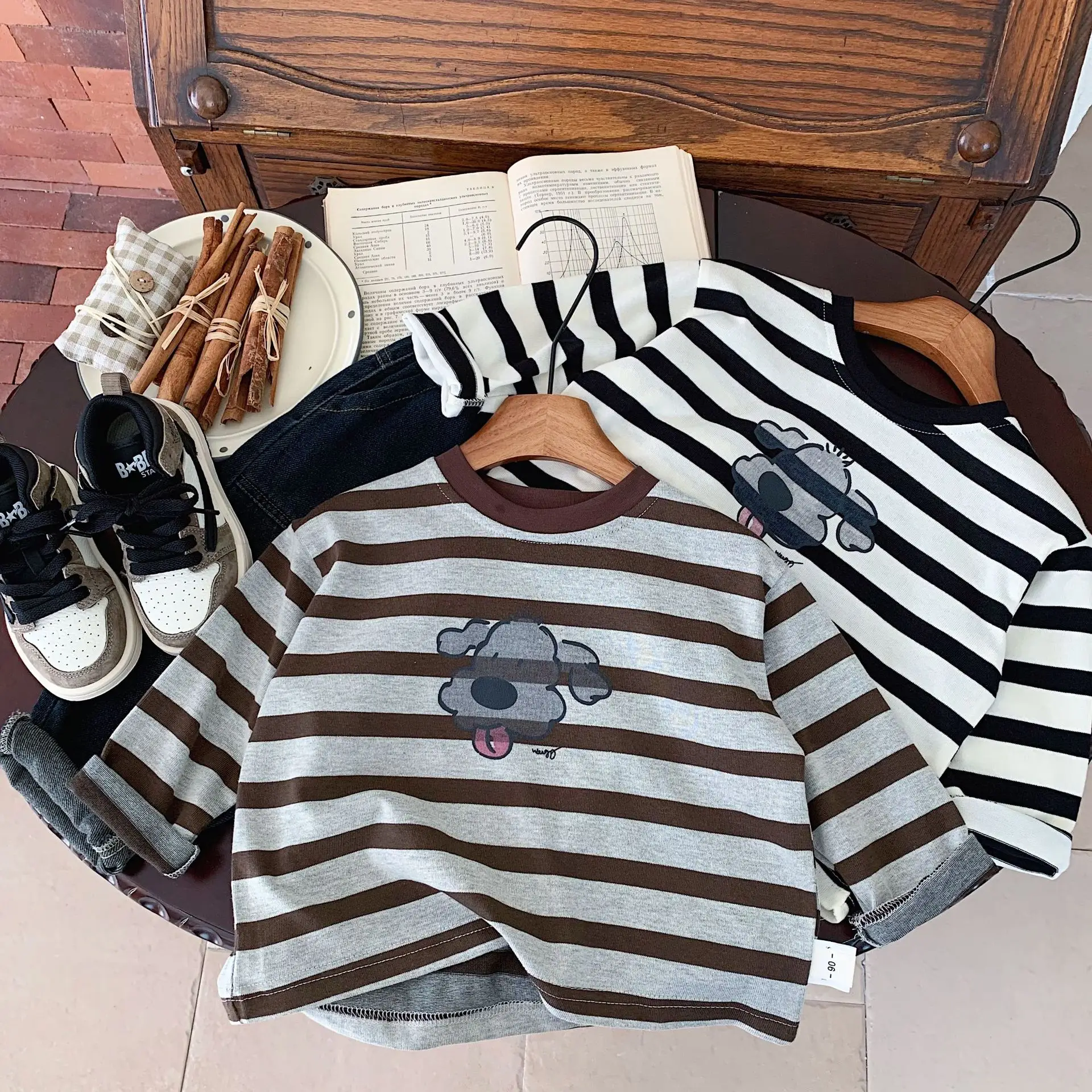 Children Striped T-Shirt with Puppy Print Long Sleeve