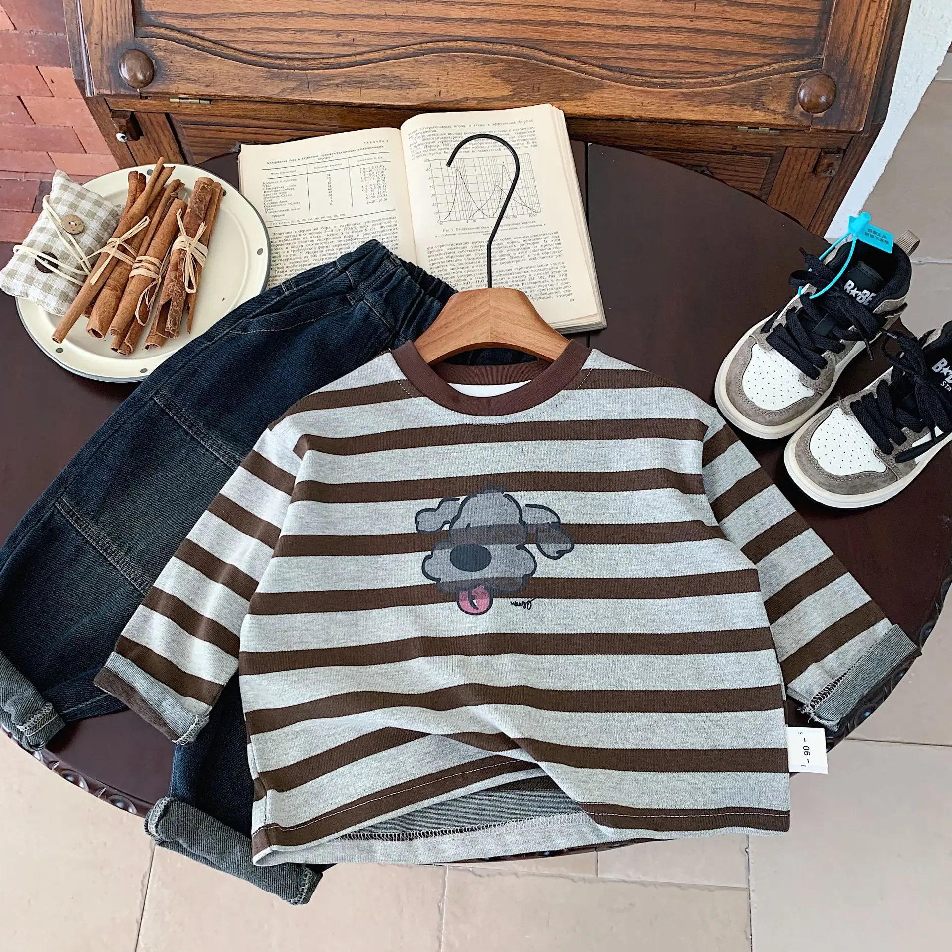 Children Striped T-Shirt with Puppy Print Long Sleeve