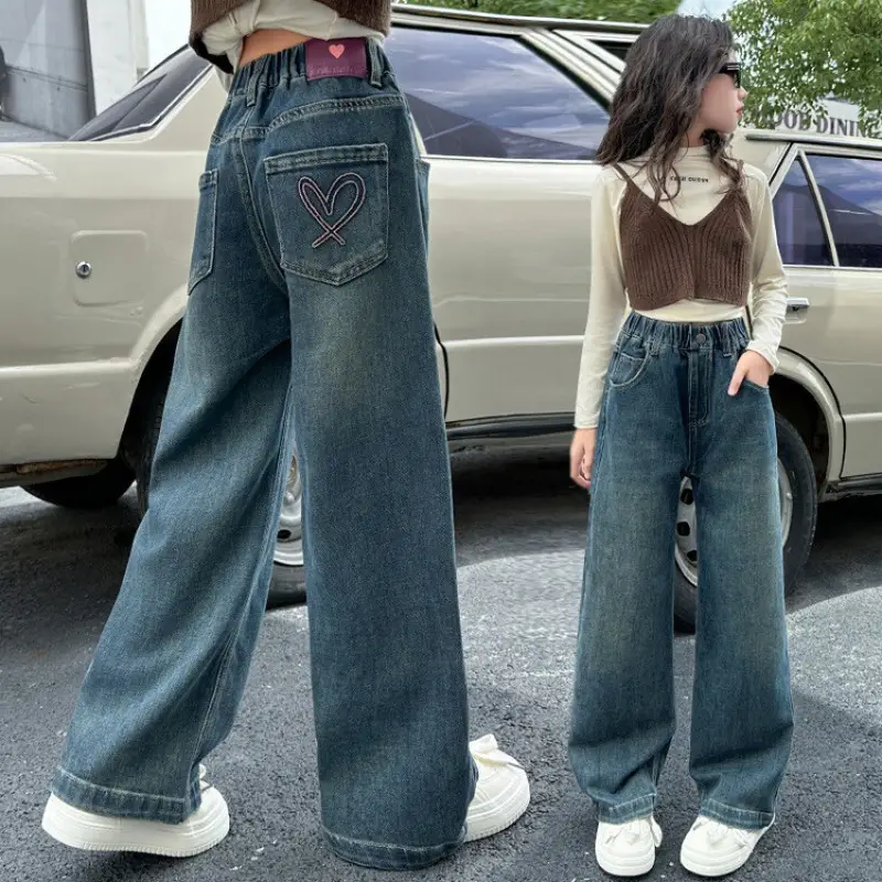 Girls Wide Leg Denim Jeans Dark Blue Autumn 2024