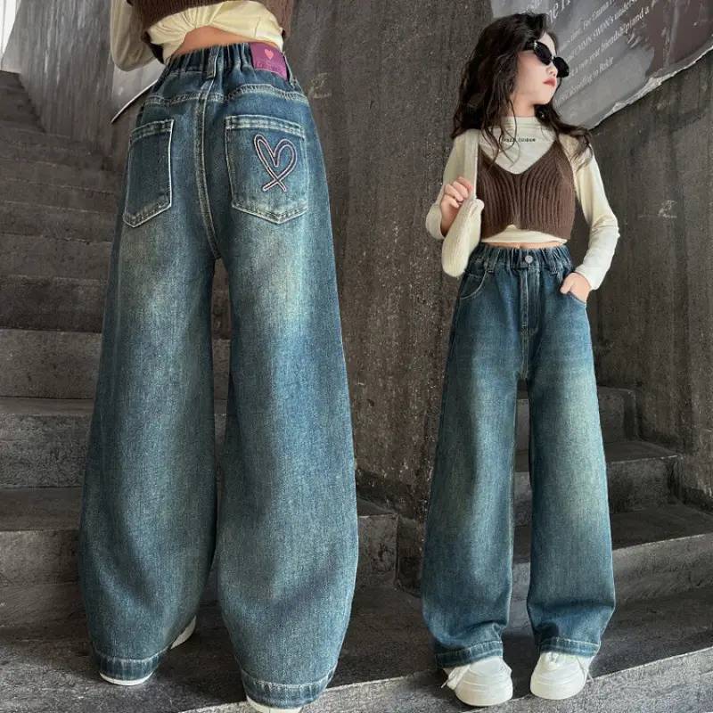 Girls Wide Leg Denim Jeans Dark Blue Autumn 2024 - Image 4