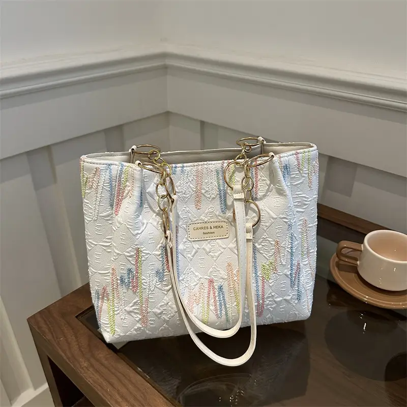 Women's Light Blue Quilted Shoulder Bag with Multi Color Stripes - Image 8
