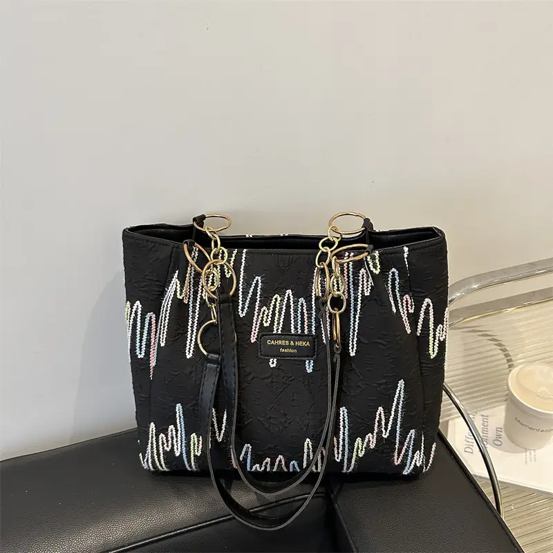 Women's Light Blue Quilted Shoulder Bag with Multi Color Stripes - Image 9