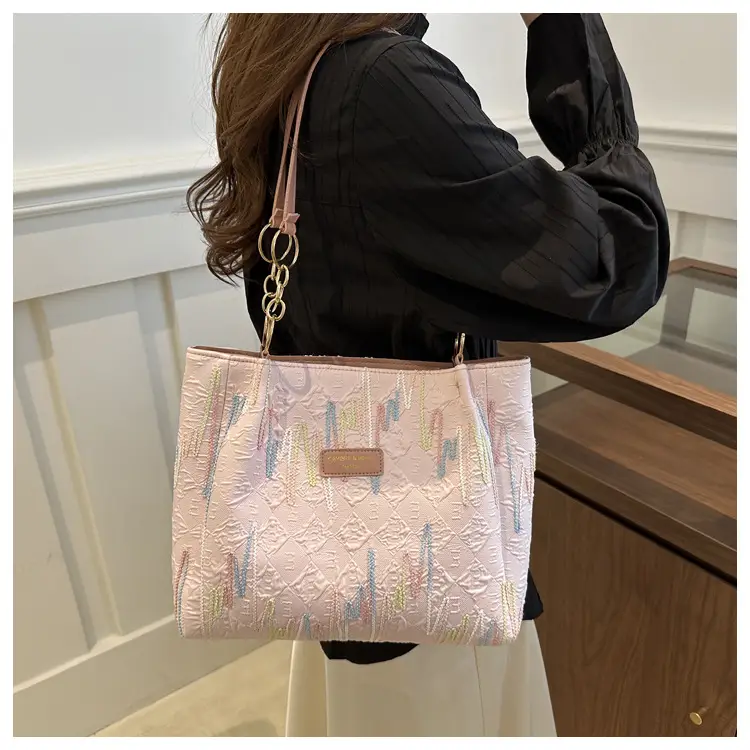 Women's Light Blue Quilted Shoulder Bag with Multi Color Stripes — feature 12