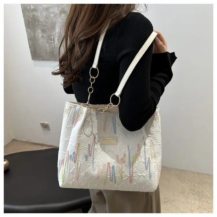 Women's Light Blue Quilted Shoulder Bag with Multi Color Stripes — feature 8