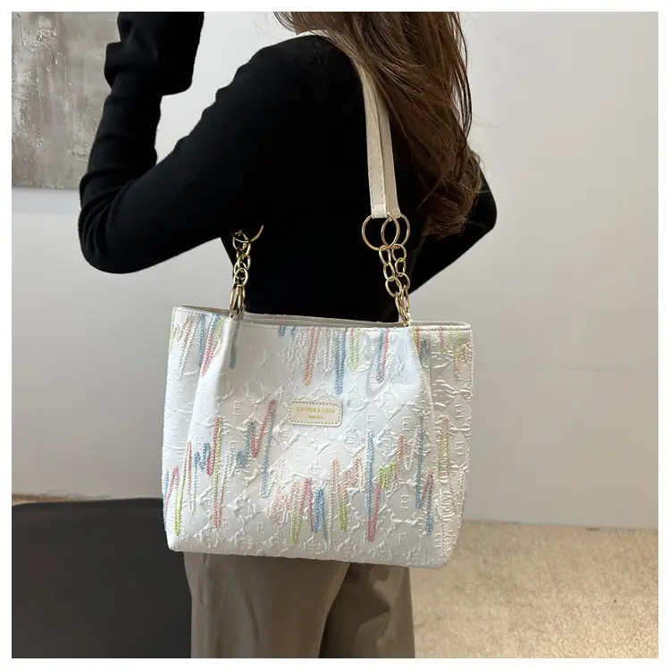 Women's Light Blue Quilted Shoulder Bag with Multi Color Stripes — feature 9