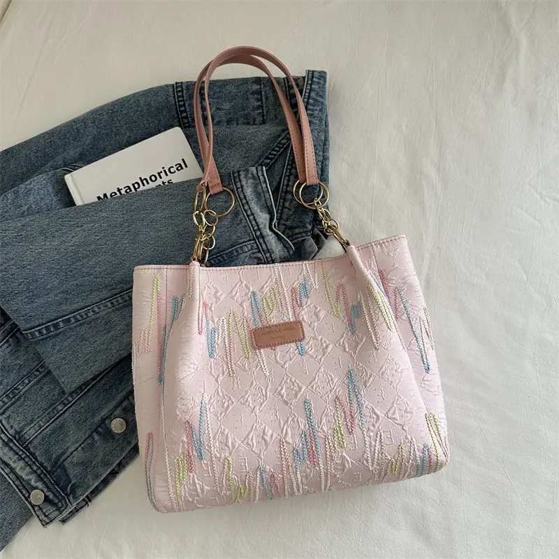 Women's Light Blue Quilted Shoulder Bag with Multi Color Stripes - Image 2