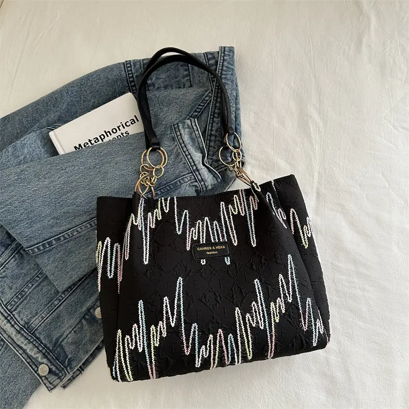 Women's Light Blue Quilted Shoulder Bag with Multi Color Stripes - Image 3