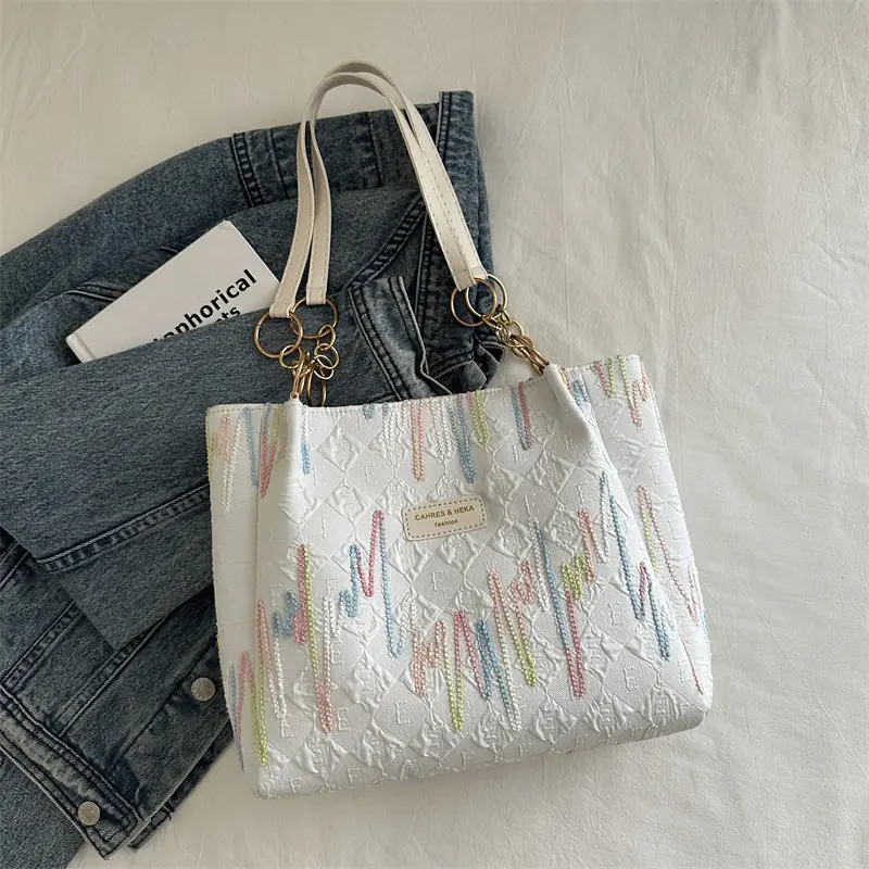 Women's Light Blue Quilted Shoulder Bag with Multi Color Stripes - Image 5