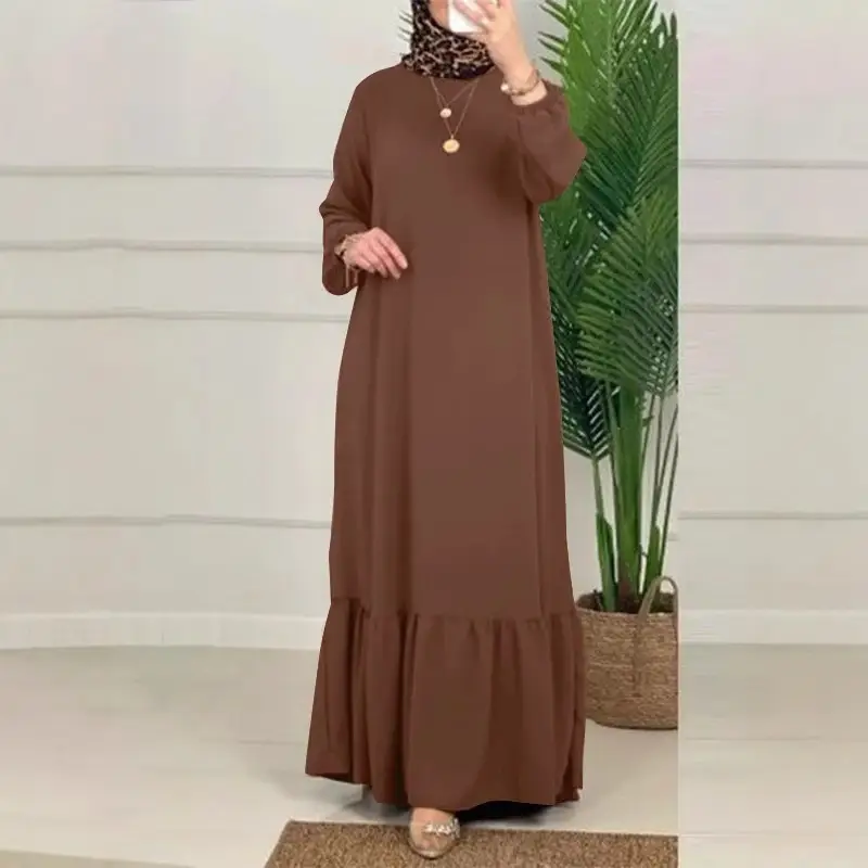 Solid Color Puff Sleeve Ruffle Hem Dress Vintage Robe with Pockets Women's Loose Long Dress