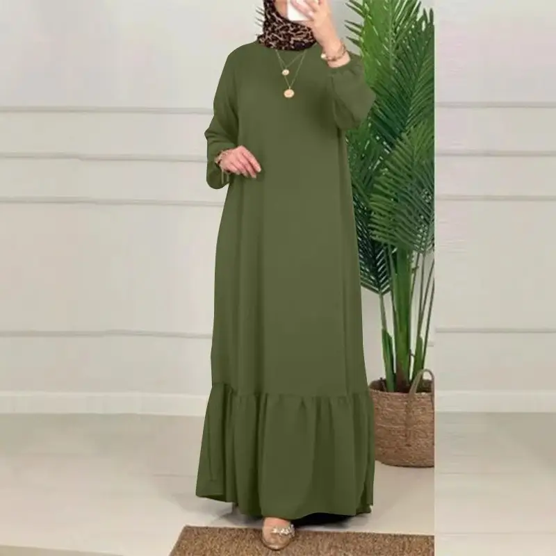 Solid Color Puff Sleeve Ruffle Hem Dress Vintage Robe with Pockets Women's Loose Long Dress