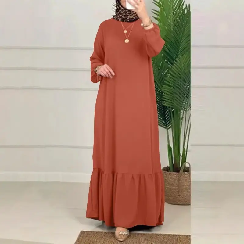 Solid Color Puff Sleeve Ruffle Hem Dress Vintage Robe with Pockets Women's Loose Long Dress