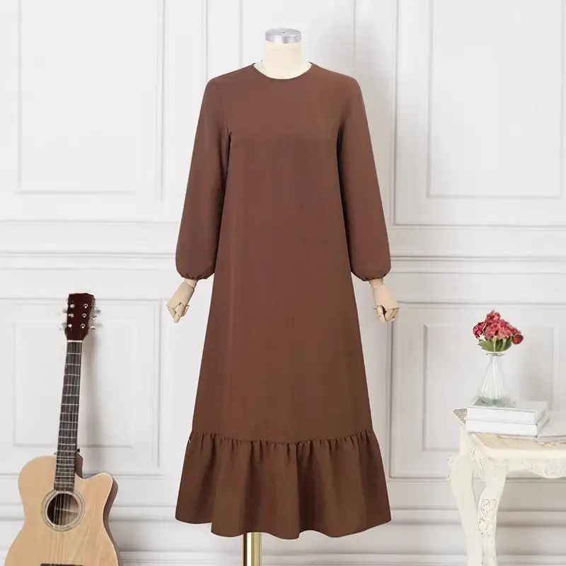 Solid Color Puff Sleeve Ruffle Hem Dress Vintage Robe with Pockets Women's Loose Long Dress