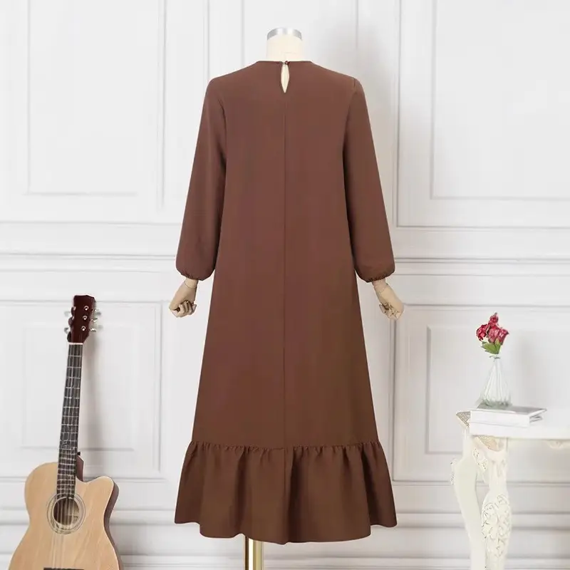 Solid Color Puff Sleeve Ruffle Hem Dress Vintage Robe with Pockets Women's Loose Long Dress